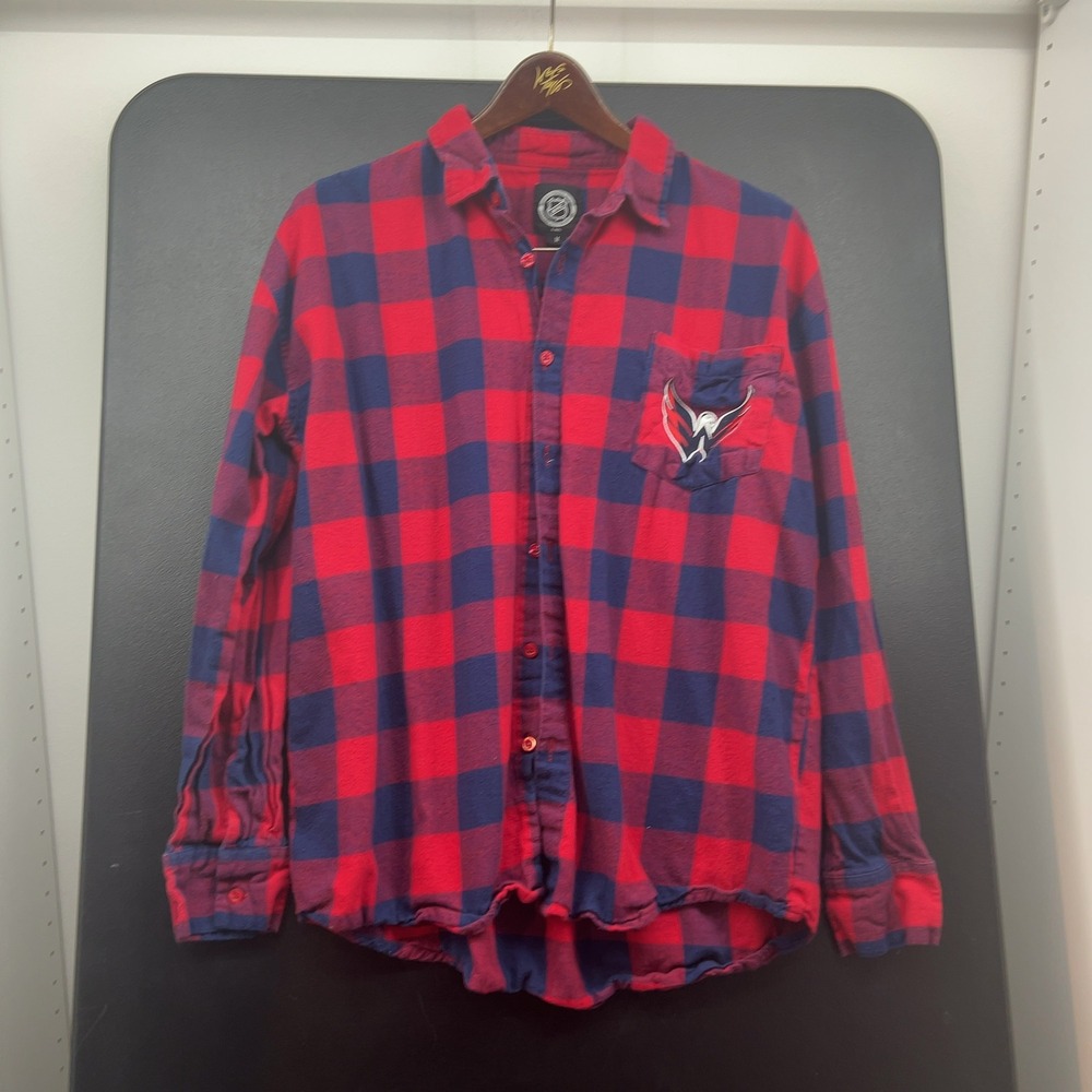 NHL Washington Capitals Buffalo Plaid Flannel Shirt Red Navy Blue Medium PI0318